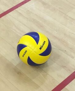 mikasa yellow and purple volleyball on a gymnasium floor