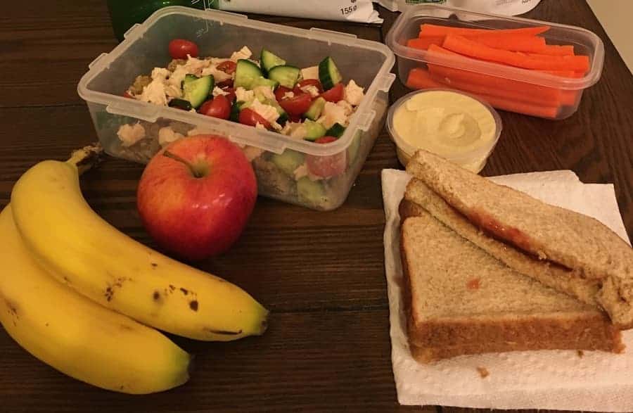 quinoa salad, apple, bananas, peanut butter & jam sandwich