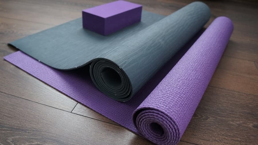 two yoga mats rolled up with a yoga block on top