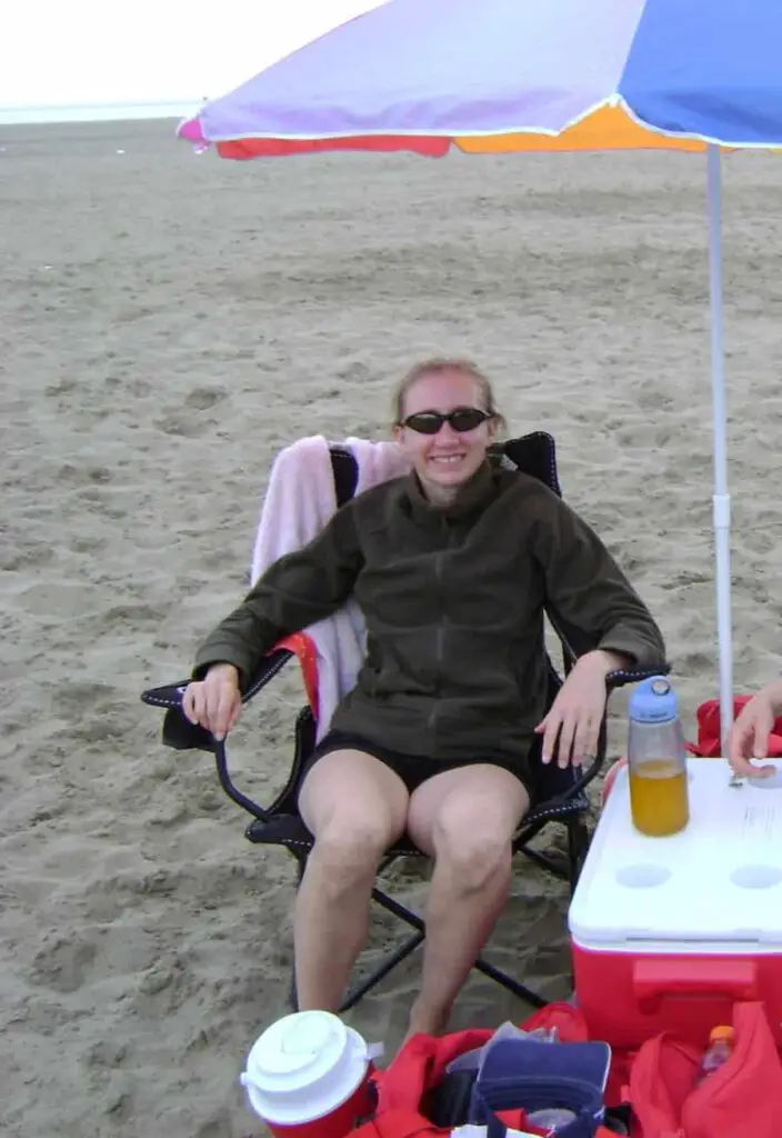 woman sitting on beach in chair under an umbrella and wearing sunglasses