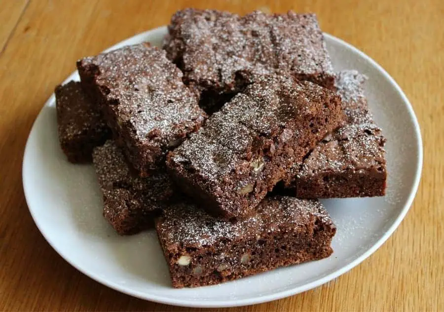  pile of chocolate brownies on a plate