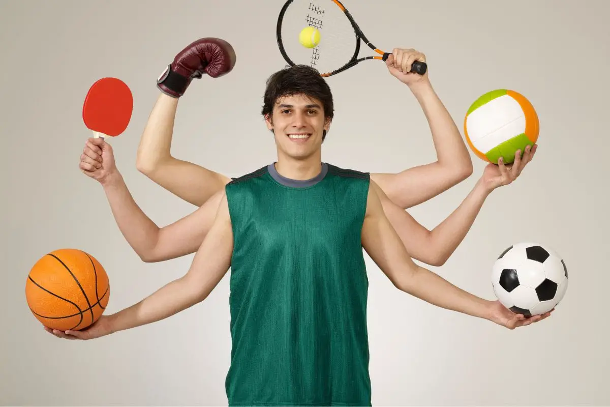 Man with multiple hands holding different sporting equipment