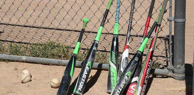 Seven bats leaning against a fence